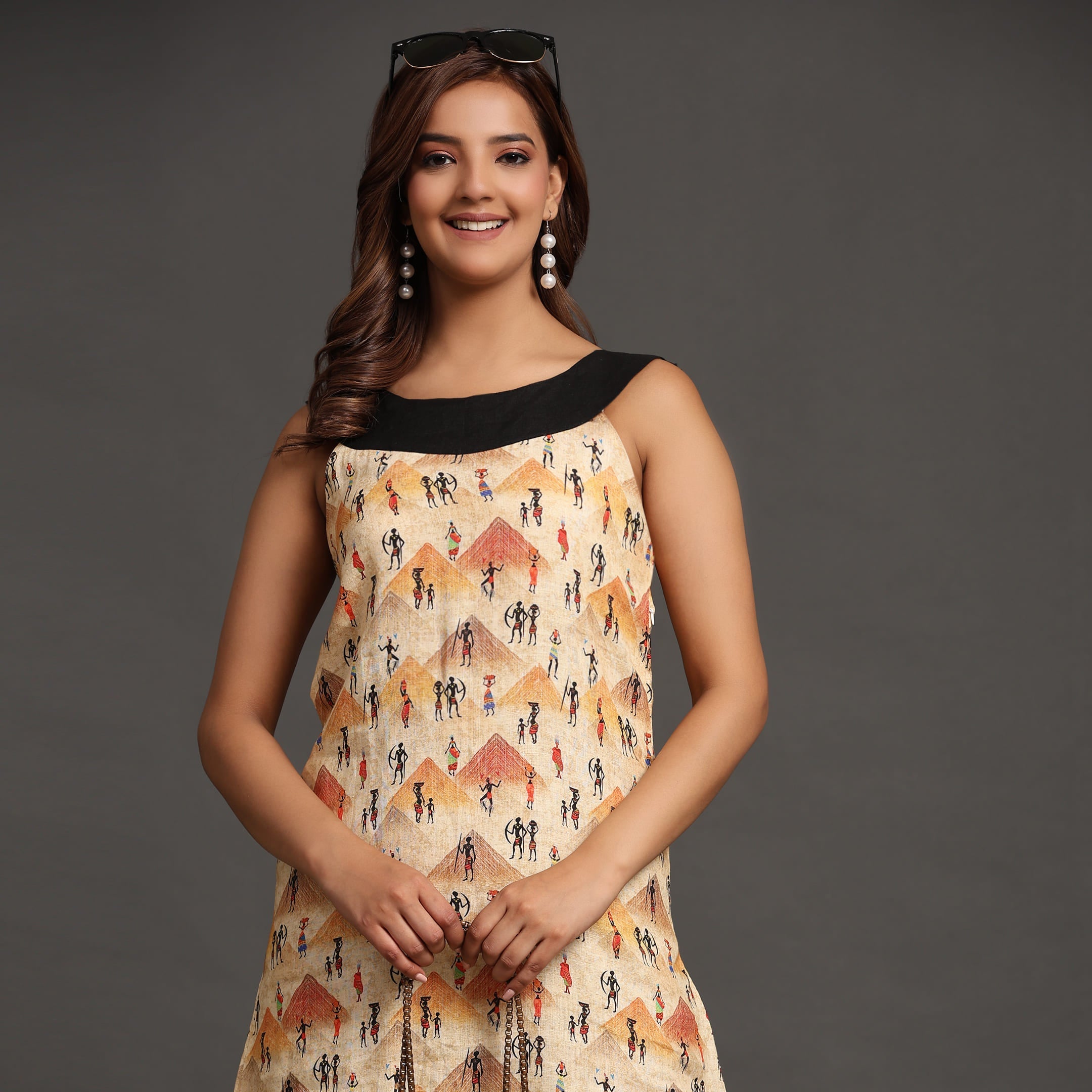 Tribe and Pyramid Print Pure Linen Dress