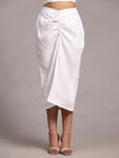 White ruched midi skirt with front drape detail, styled with nude strappy heels