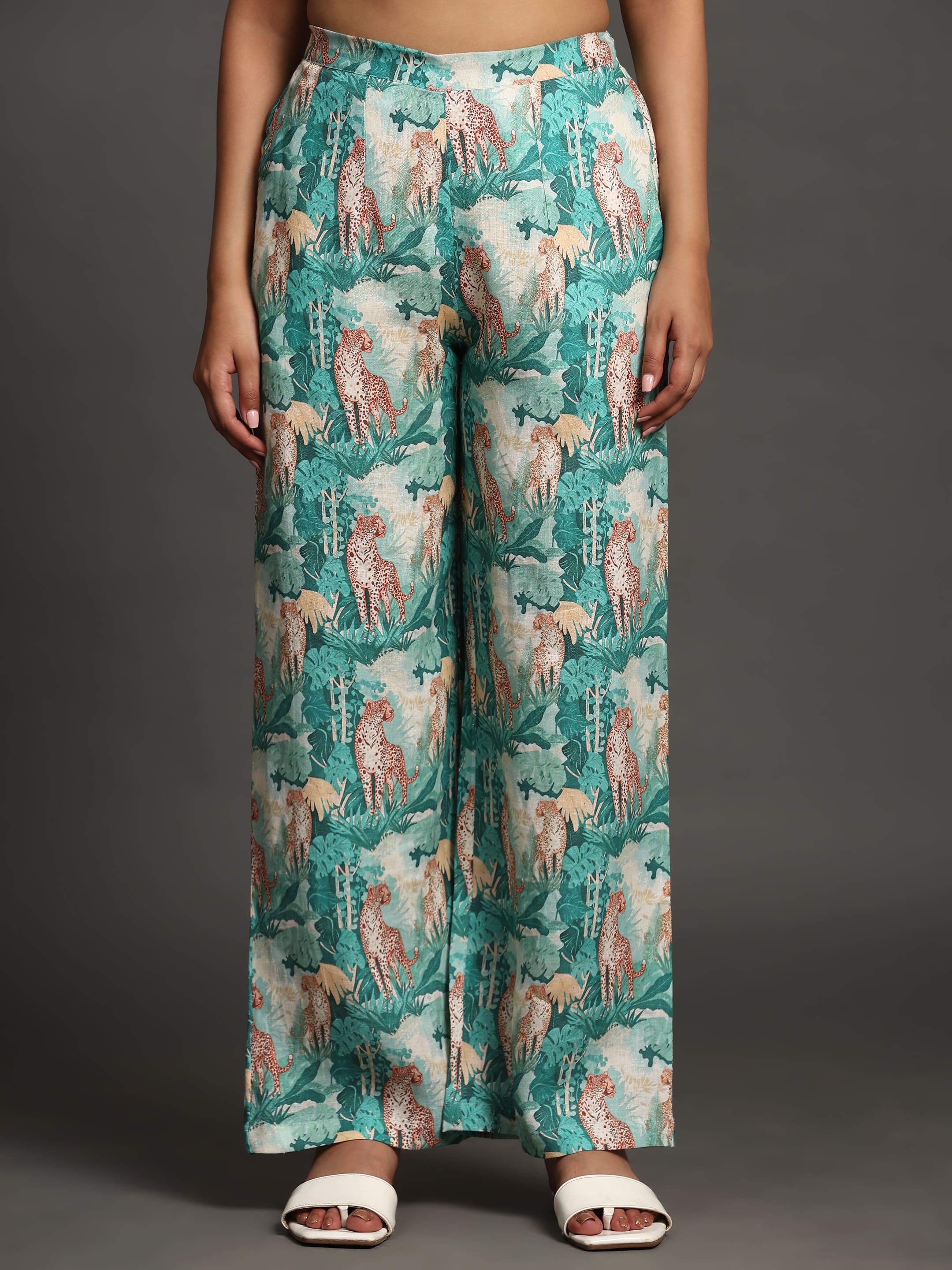Green Forest and Leopard Print Pure Linen Top and Straight Pants Coord Set