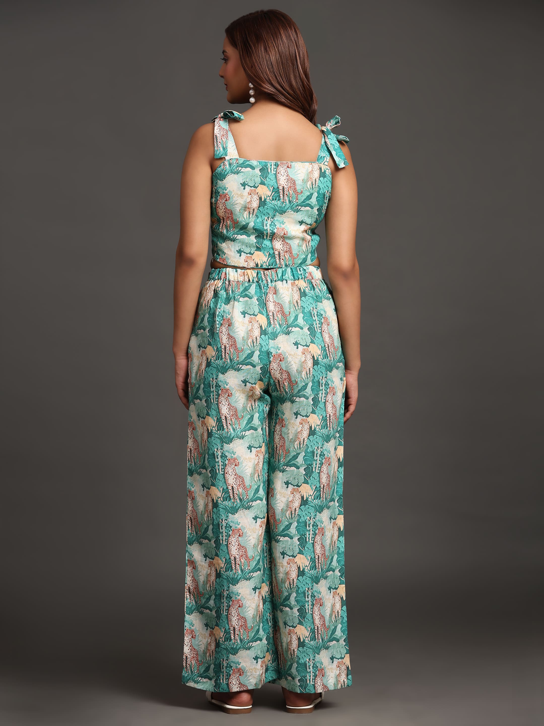 Green Forest and Leopard Print Pure Linen Top and Straight Pants Coord Set