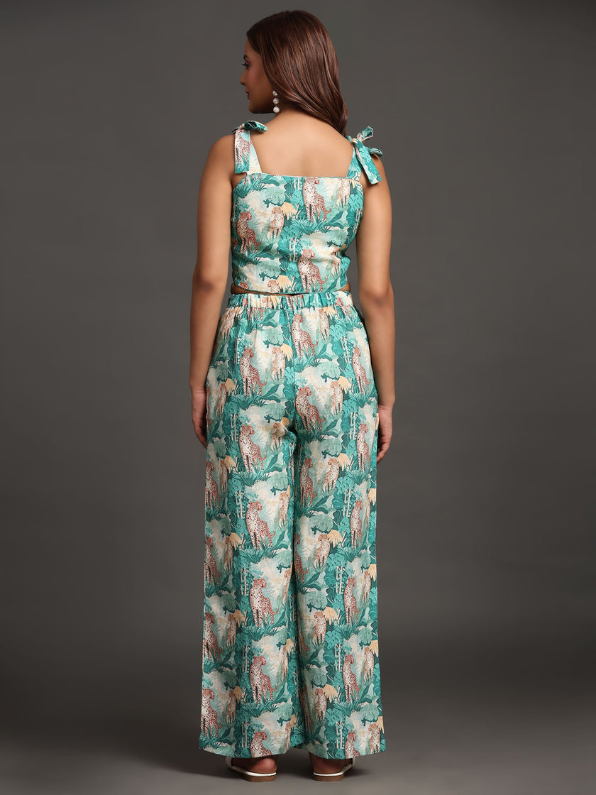 Green Forest and Leopard Print Pure Linen Top and Straight Pants Coord Set