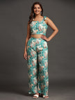 Green Forest and Leopard Print Pure Linen Top and Straight Pants Coord Set