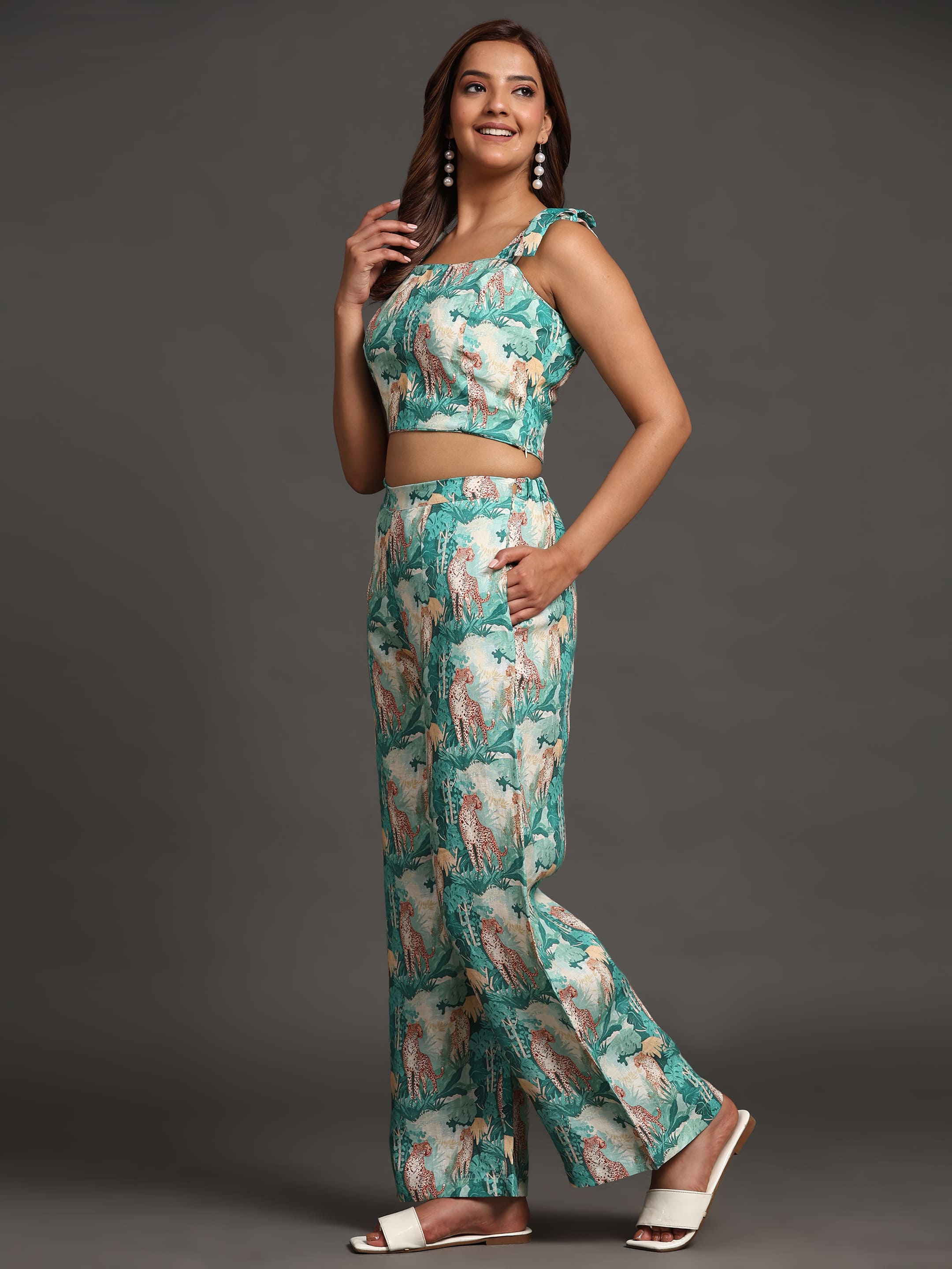 Green Forest and Leopard Print Pure Linen Top and Straight Pants Coord Set