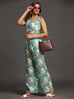 Green Forest and Leopard Print Pure Linen Top and Straight Pants Coord Set
