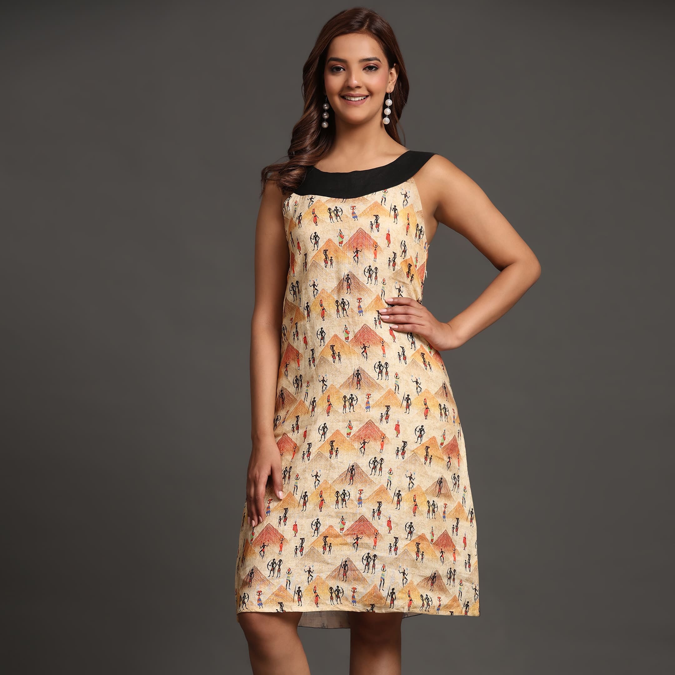 Tribe and Pyramid Print Pure Linen Dress