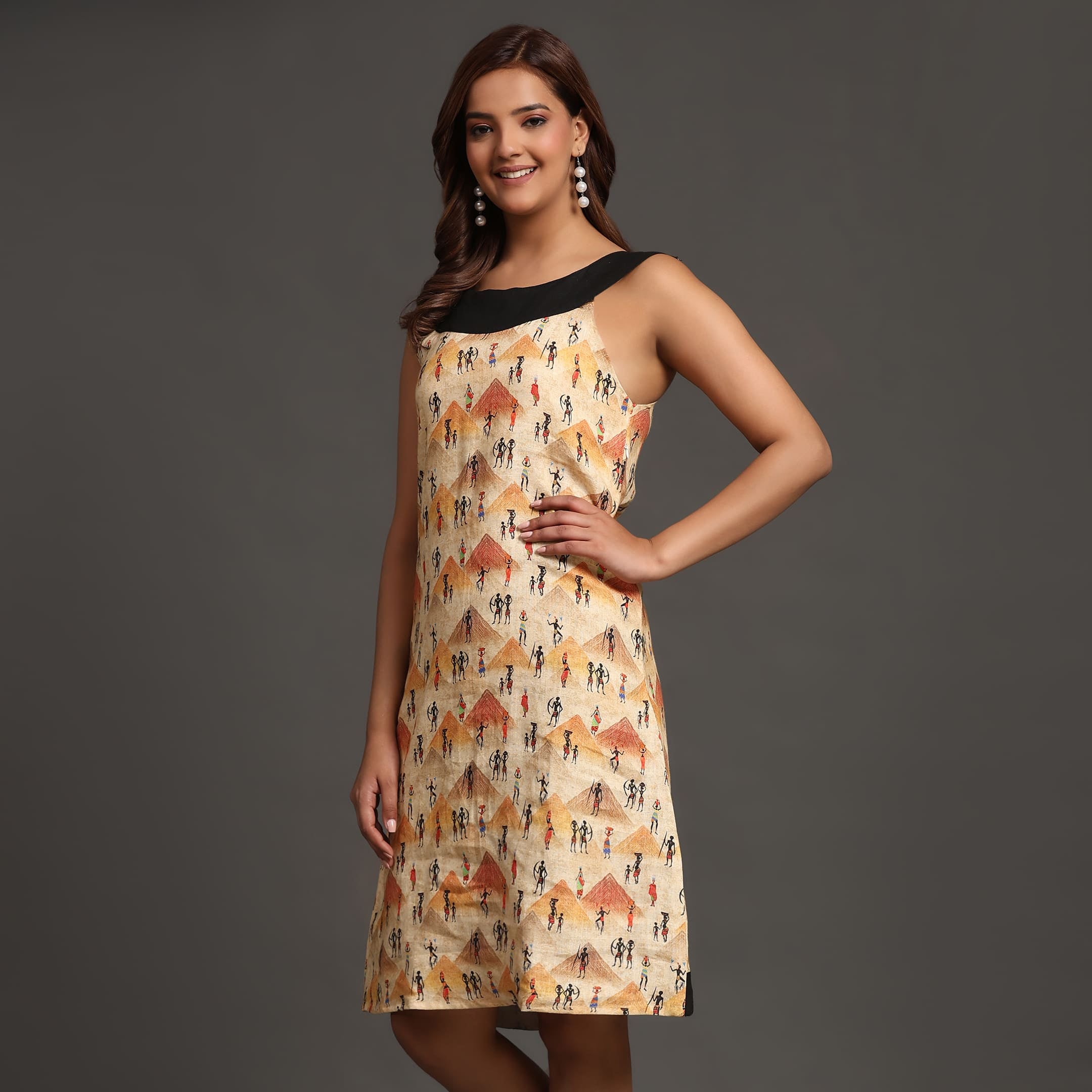 Tribe and Pyramid Print Pure Linen Dress