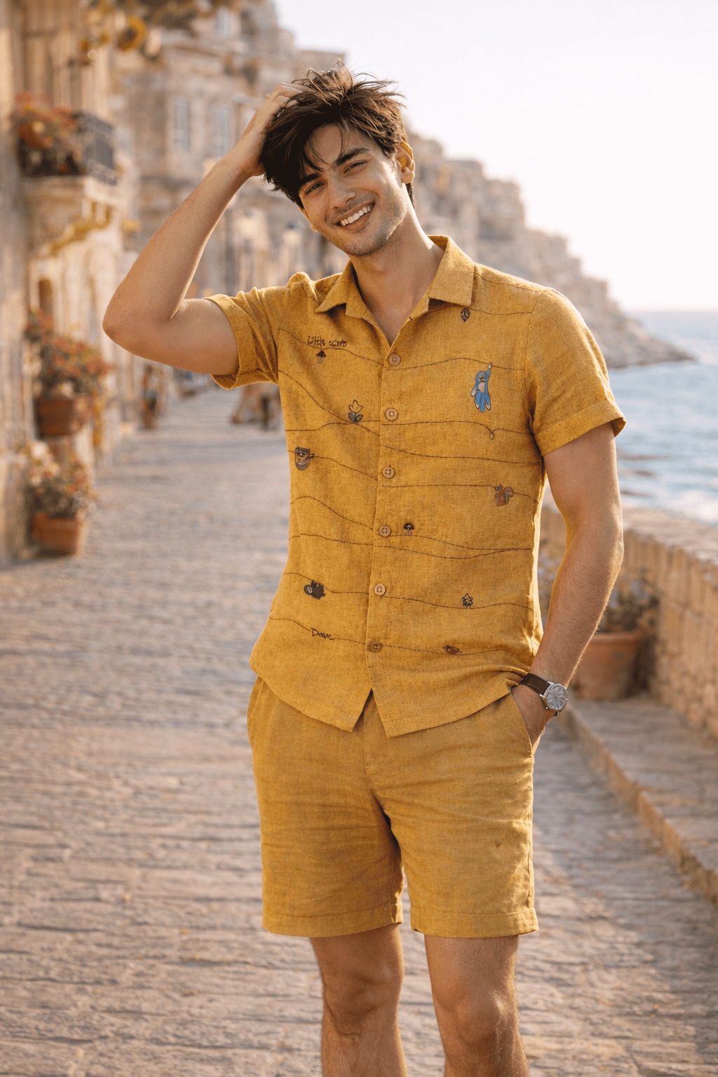 Mustard Twig Handwork Solid Pure Linen Coord Set