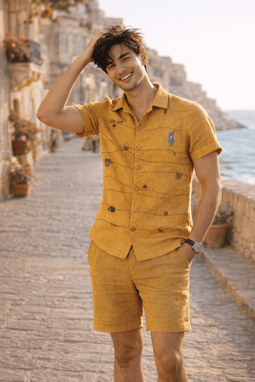 Mustard Twig Handwork Solid Pure Linen Coord Set