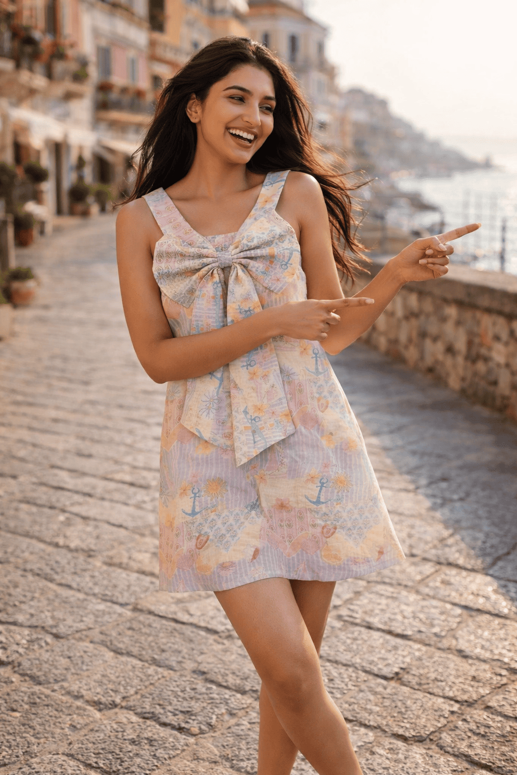 The Dreamy Sea Life Print Premium Linen Dress With Rosette