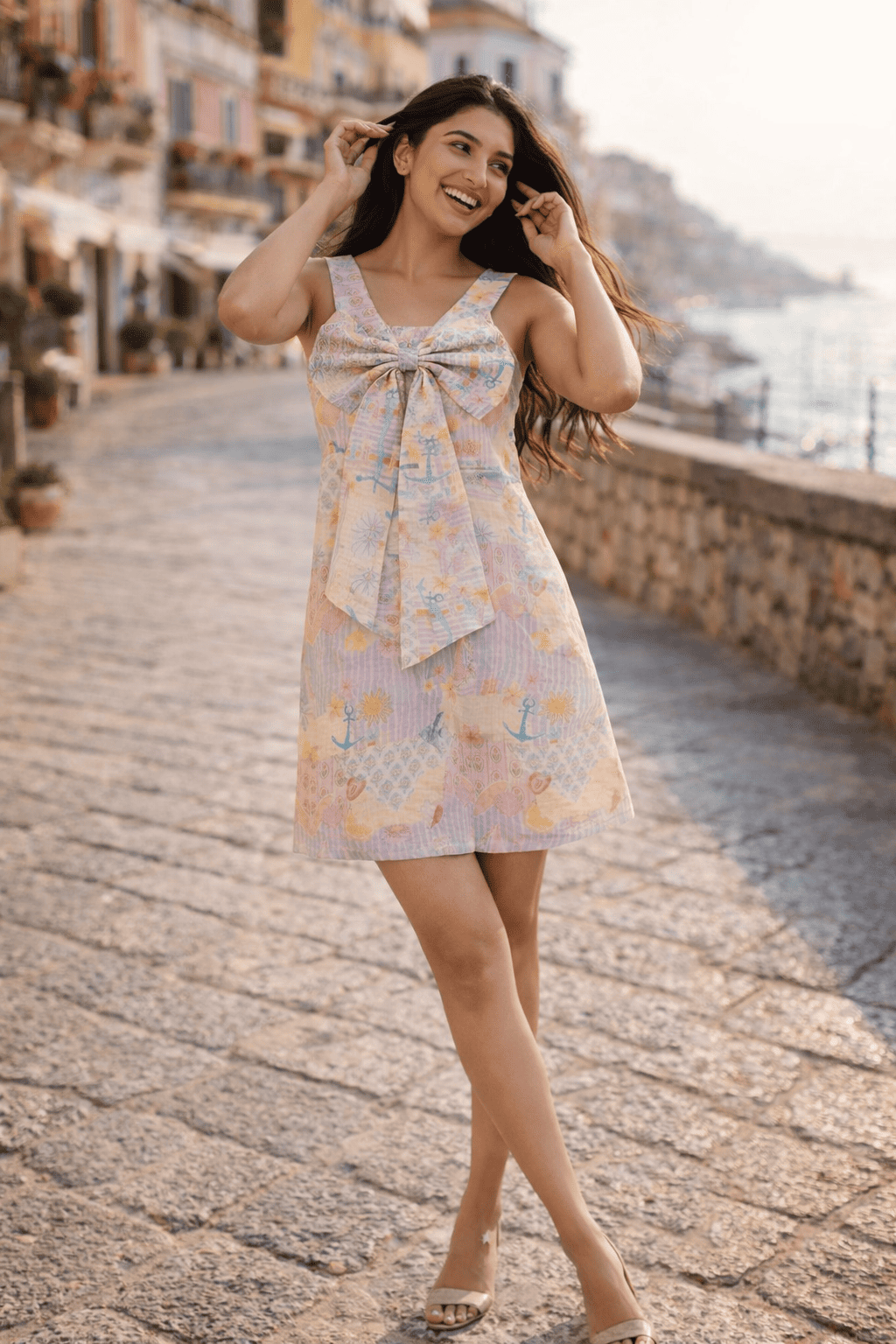 The Dreamy Sea Life Print Premium Linen Dress With Rosette