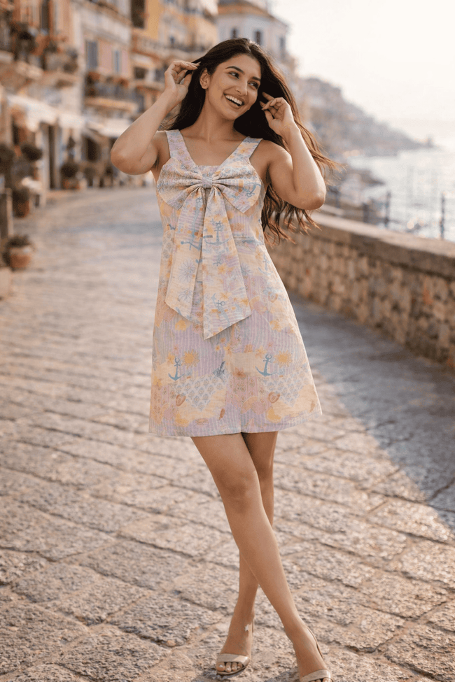 The Dreamy Sea Life Print Premium Linen Dress With Rosette