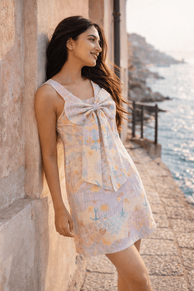 The Dreamy Sea Life Print Premium Linen Dress With Rosette