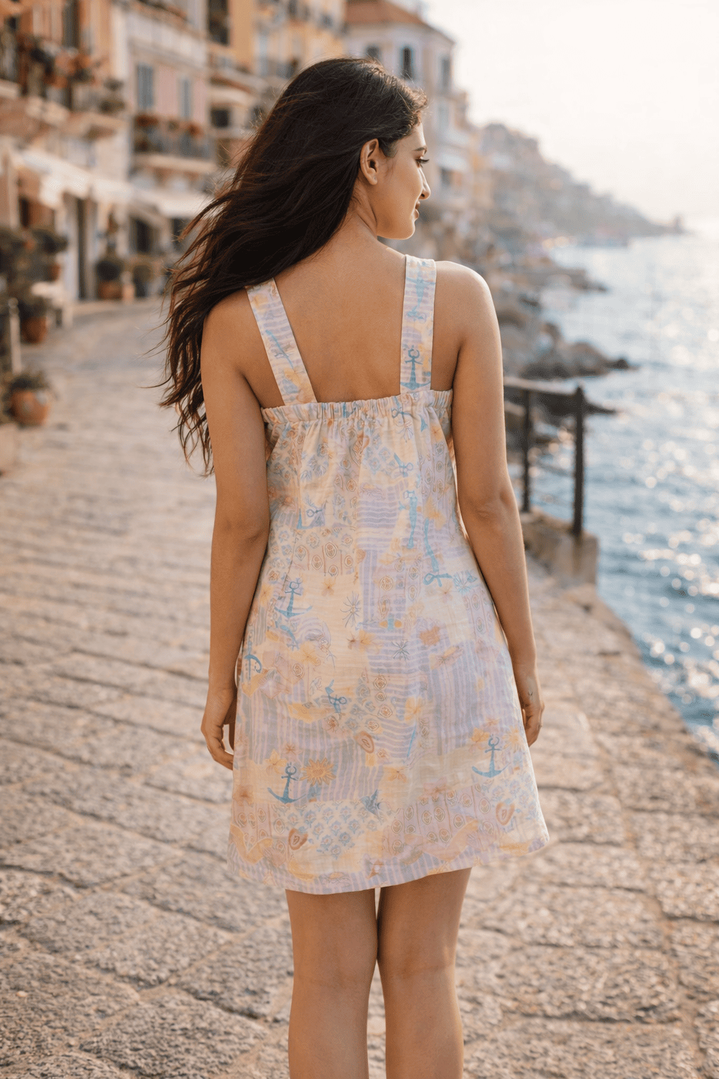 The Dreamy Sea Life Print Premium Linen Dress With Rosette
